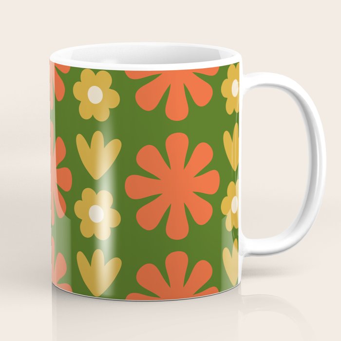 Scandi Floral Grid Retro Pattern Green Ochre Orange Cream Coffee Mug Gallery Image 1