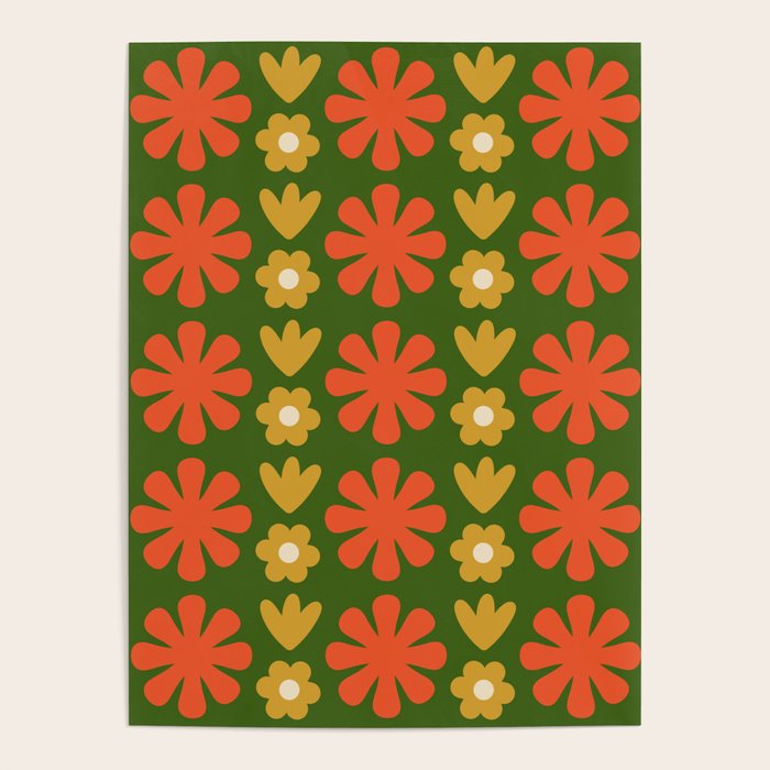 Scandi Floral Grid Retro Pattern Green Ochre Orange Cream Poster Gallery Image 4