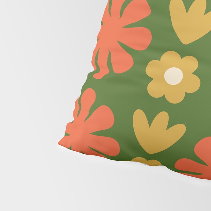 Scandi Floral Grid Retro Pattern Green Ochre Orange Cream Pillow Sham Gallery Image 4