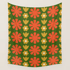 Scandi Floral Grid Retro Pattern Green Ochre Orange Cream Wall Tapestry Gallery Image 4