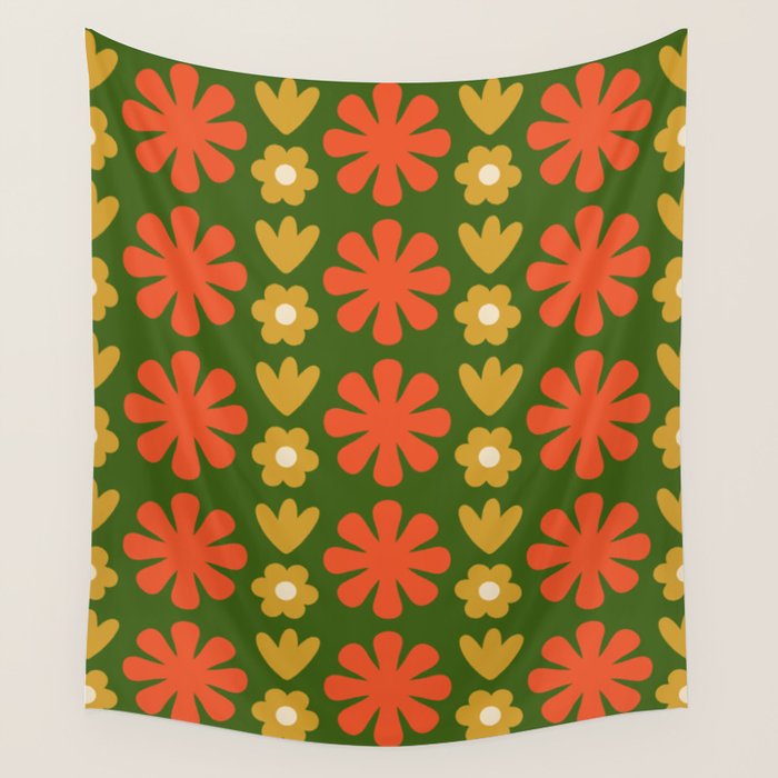 Scandi Floral Grid Retro Pattern Green Ochre Orange Cream Wall Tapestry Gallery Image 4