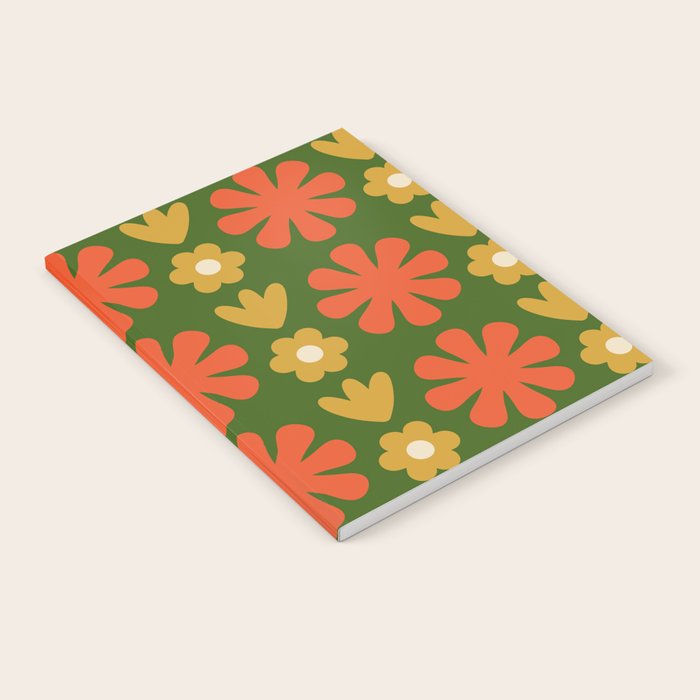 Scandi Floral Grid Retro Pattern Green Ochre Orange Cream Notebook Gallery Image 1