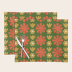 Scandi Floral Grid Retro Pattern Green Ochre Orange Cream Placemat Gallery Image 1