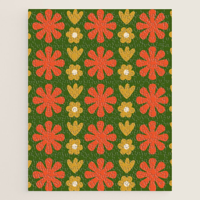 Scandi Floral Grid Retro Pattern Green Ochre Orange Cream Jigsaw Puzzle Gallery Image 1