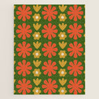 Scandi Floral Grid Retro Pattern Green Ochre Orange Cream Jigsaw Puzzle Gallery Image 1