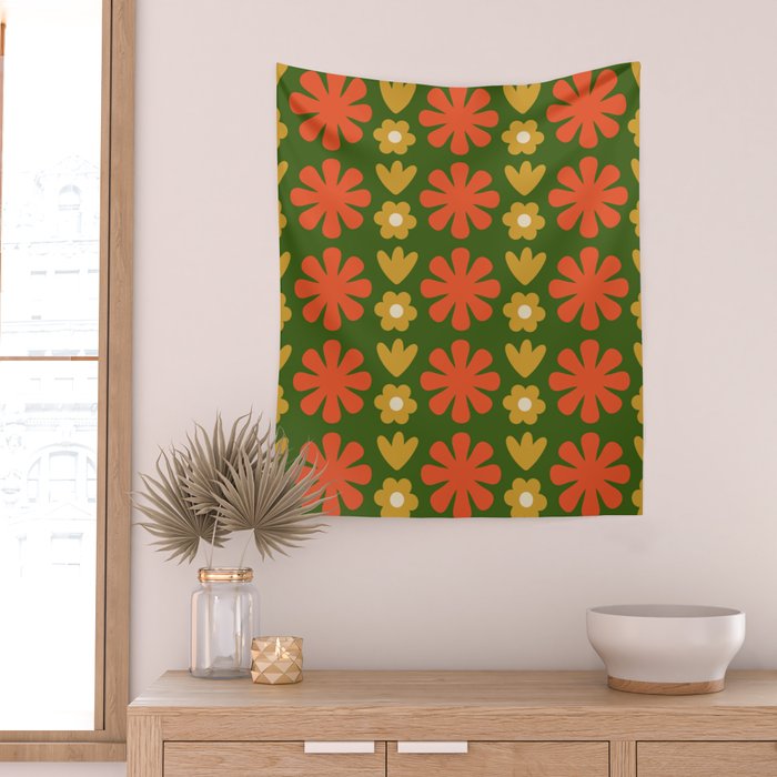 Scandi Floral Grid Retro Pattern Green Ochre Orange Cream Wall Tapestry Gallery Image 2