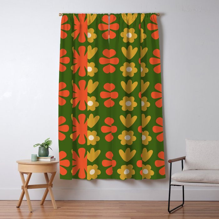Scandi Floral Grid Retro Pattern Green Ochre Orange Cream Window Curtain Gallery Image 5