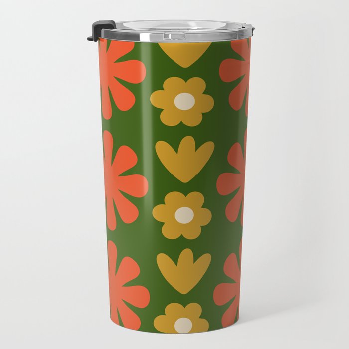 Scandi Floral Grid Retro Pattern Green Ochre Orange Cream Travel Mug Gallery Image 3