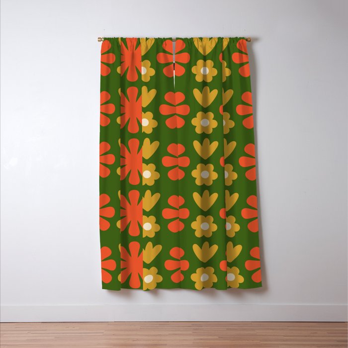 Scandi Floral Grid Retro Pattern Green Ochre Orange Cream Window Curtain Gallery Image 3