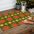 Scandi Floral Grid Retro Pattern Green Ochre Orange Cream Outdoor Rug Gallery Image 2