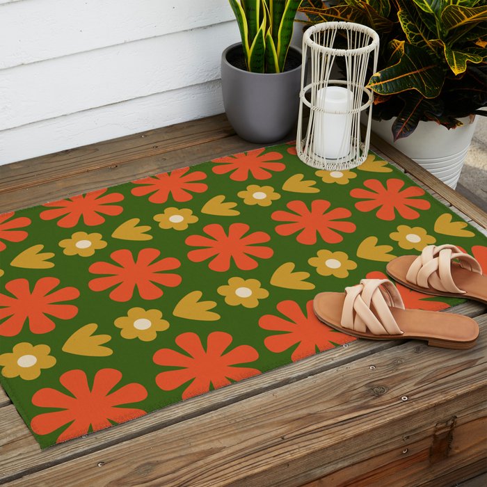 Scandi Floral Grid Retro Pattern Green Ochre Orange Cream Outdoor Rug Gallery Image 2