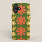 Scandi Floral Grid Retro Pattern Green Ochre Orange Cream iPhone Case Gallery Image 1