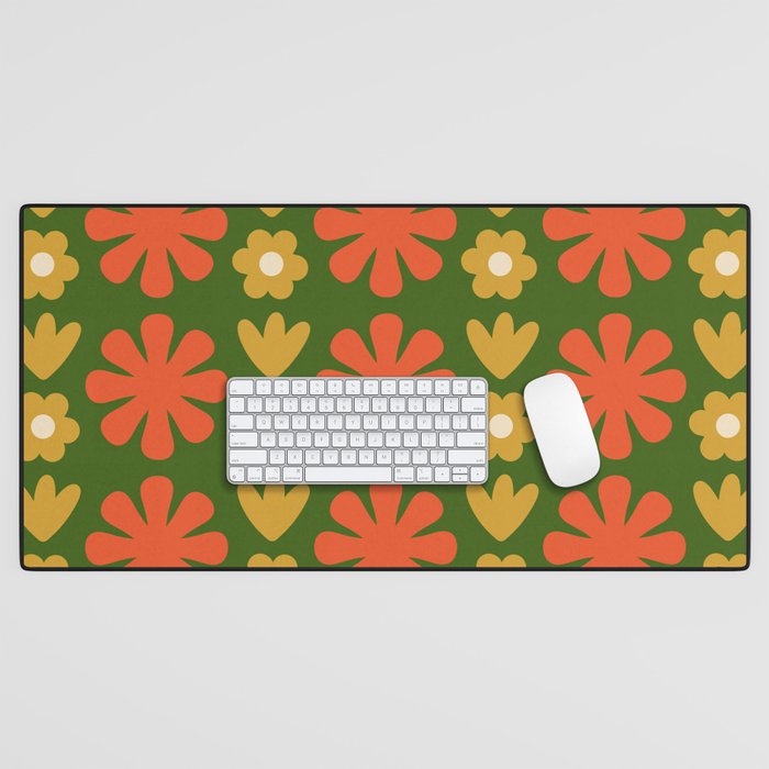 Scandi Floral Grid Retro Pattern Green Ochre Orange Cream Desk Mat Gallery Image 1
