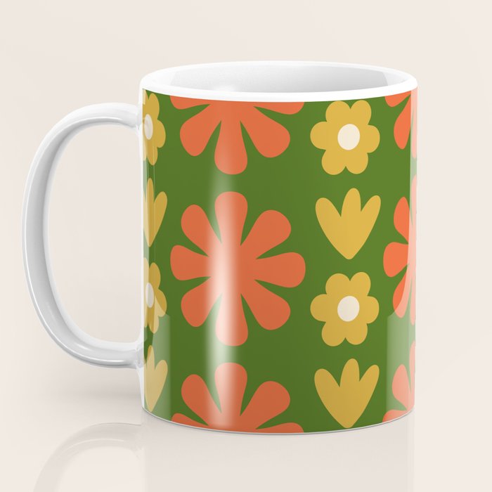 Scandi Floral Grid Retro Pattern Green Ochre Orange Cream Coffee Mug Gallery Image 3