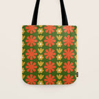 Scandi Floral Grid Retro Pattern Green Ochre Orange Cream Tote Bag Gallery Image 1