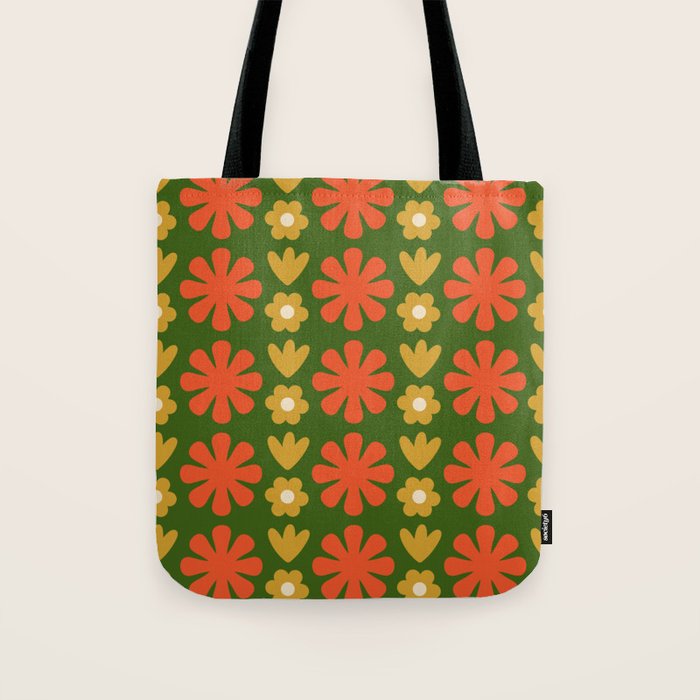 Scandi Floral Grid Retro Pattern Green Ochre Orange Cream Tote Bag Gallery Image 1