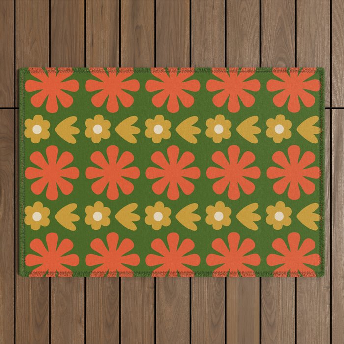 Scandi Floral Grid Retro Pattern Green Ochre Orange Cream Outdoor Rug Gallery Image 1