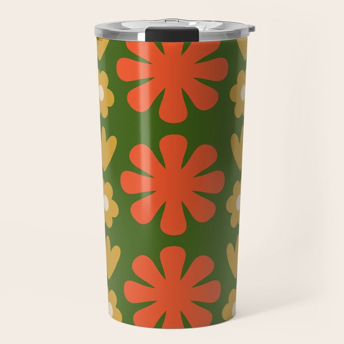 Scandi Floral Grid Retro Pattern Green Ochre Orange Cream Travel Mug Gallery Image 1