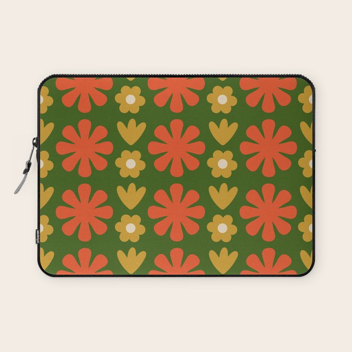 Scandi Floral Grid Retro Pattern Green Ochre Orange Cream Laptop Sleeve Gallery Image 1