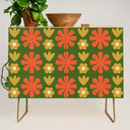 Scandi Floral Grid Retro Pattern Green Ochre Orange Cream Credenza Gallery Image 1