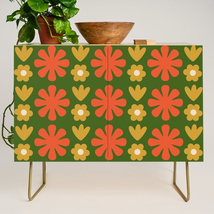 Scandi Floral Grid Retro Pattern Green Ochre Orange Cream Credenza Gallery Image 1