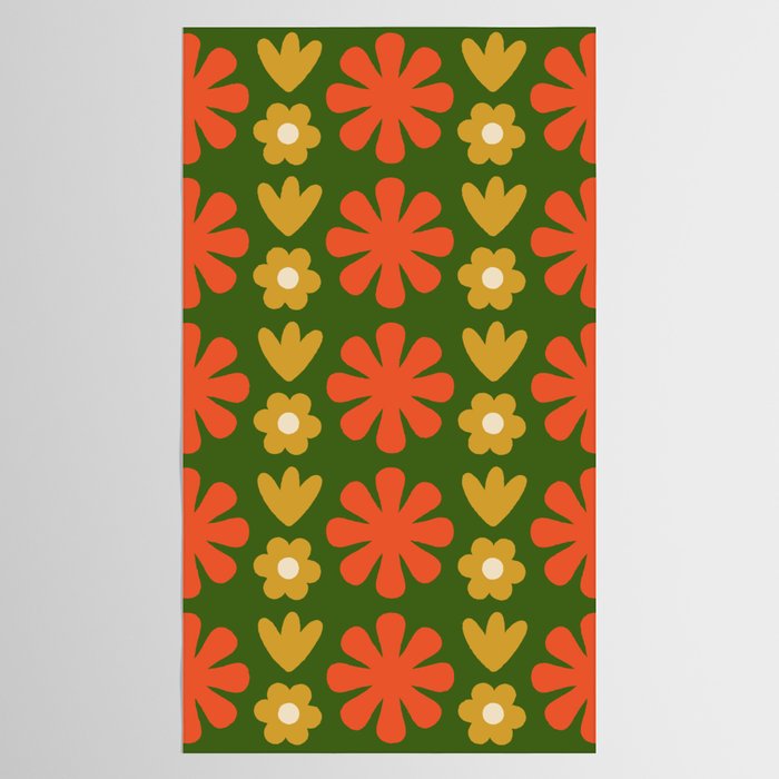 Scandi Floral Grid Retro Pattern Green Ochre Orange Cream Tablecloth Gallery Image 2