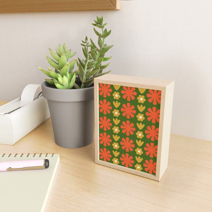 Scandi Floral Grid Retro Pattern Green Ochre Orange Cream Mini Art Print Gallery Image 2