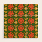 Scandi Floral Grid Retro Pattern Green Ochre Orange Cream Wood Wall Art Gallery Image 1