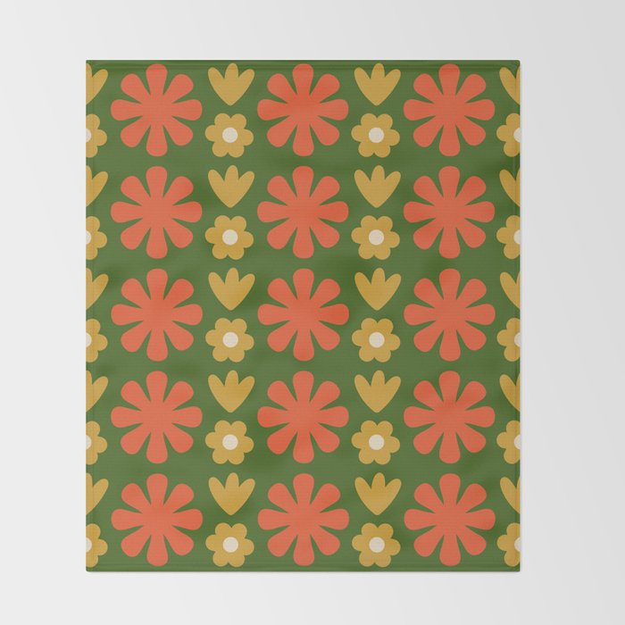 Scandi Floral Grid Retro Pattern Green Ochre Orange Cream Throw Blanket Gallery Image 2