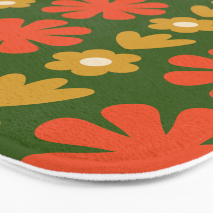 Scandi Floral Grid Retro Pattern Green Ochre Orange Cream Bath Mat Gallery Image 3