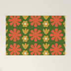 Scandi Floral Grid Retro Pattern Green Ochre Orange Cream Welcome Mat Gallery Image 1
