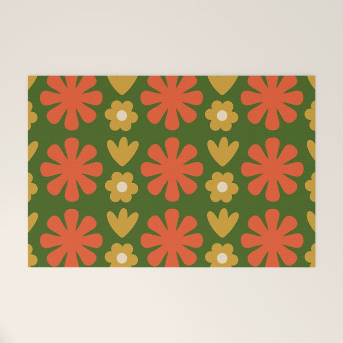 Scandi Floral Grid Retro Pattern Green Ochre Orange Cream Welcome Mat Gallery Image 1