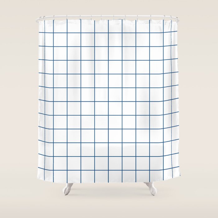 Grid Pattern White Blue Windowpane Graph Check Stripe Lines Minimalist Stripes Line Drawing Shower Curtain Gallery Image 1