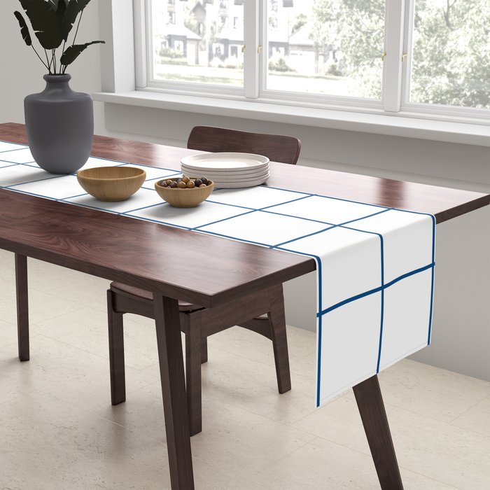 Grid Pattern White Blue Windowpane Graph Check Stripe Lines Minimalist Stripes Line Drawing Table Runner Gallery Image 2