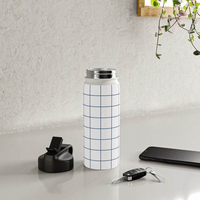 Grid Pattern White Blue Windowpane Graph Check Stripe Lines Minimalist Stripes Line Drawing Water Bottle Gallery Image 4
