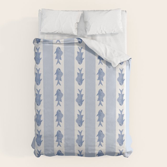 Coastal Fish Stripes Vintage Contemporary Pattern in Light Blue and White Duvet Cover Gallery Image 6
