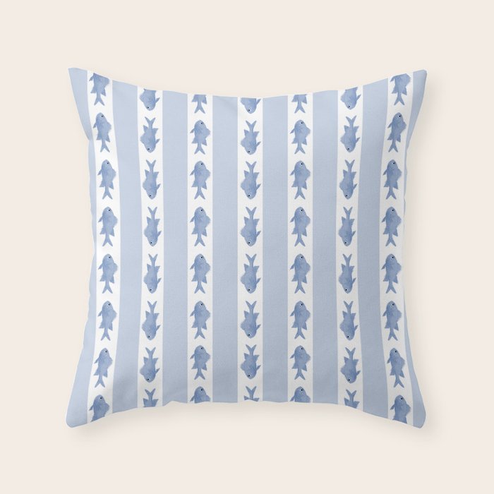 Coastal Fish Stripes Vintage Contemporary Pattern in Light Blue and White Throw Pillow Gallery Image 1
