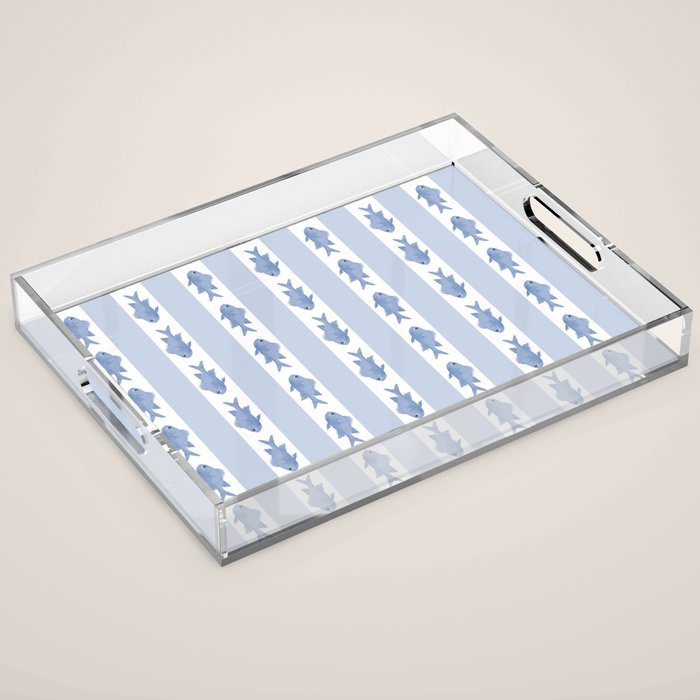 Coastal Fish Stripes Vintage Contemporary Pattern in Light Blue and White Acrylic Tray Gallery Image 1