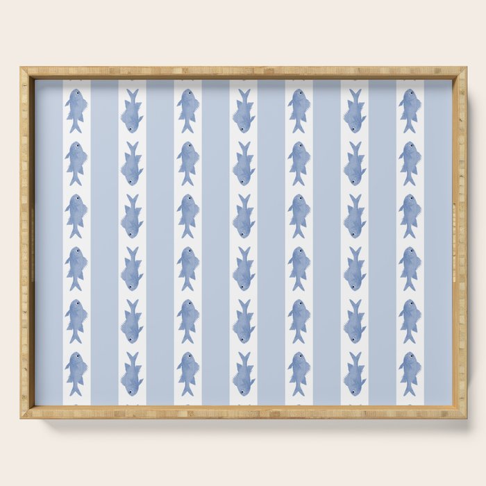 Coastal Fish Stripes Vintage Contemporary Pattern in Light Blue and White Serving Tray Gallery Image 1