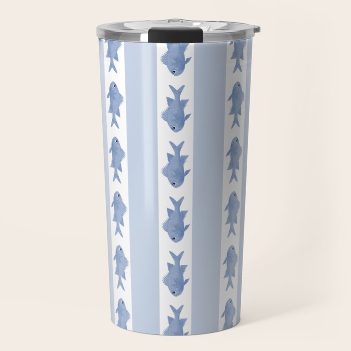 Coastal Fish Stripes Vintage Contemporary Pattern in Light Blue and White Travel Mug Gallery Image 1