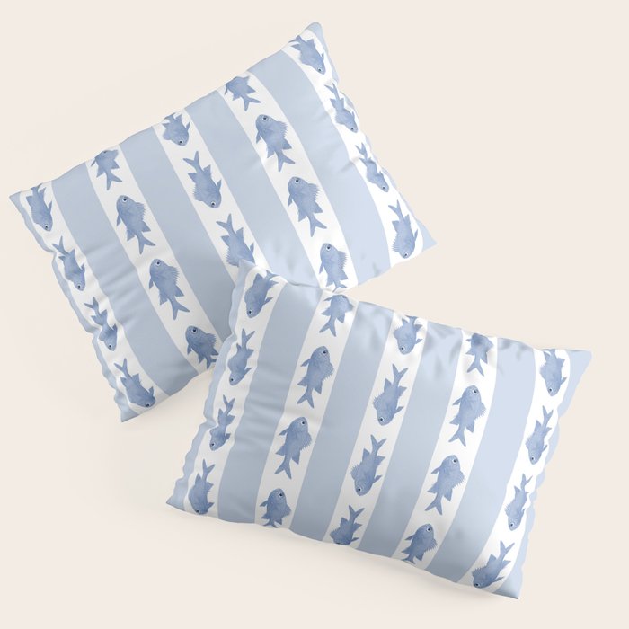 Coastal Fish Stripes Vintage Contemporary Pattern in Light Blue and White Pillow Sham Gallery Image 3