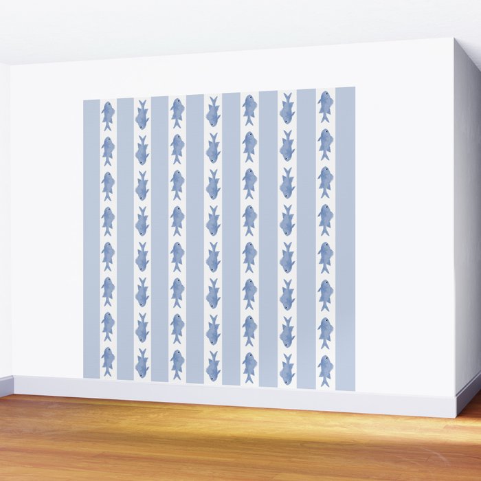 Coastal Fish Stripes Vintage Contemporary Pattern in Light Blue and White Wall Mural Gallery Image 2