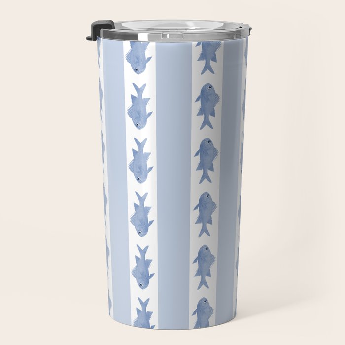Coastal Fish Stripes Vintage Contemporary Pattern in Light Blue and White Travel Mug Gallery Image 3