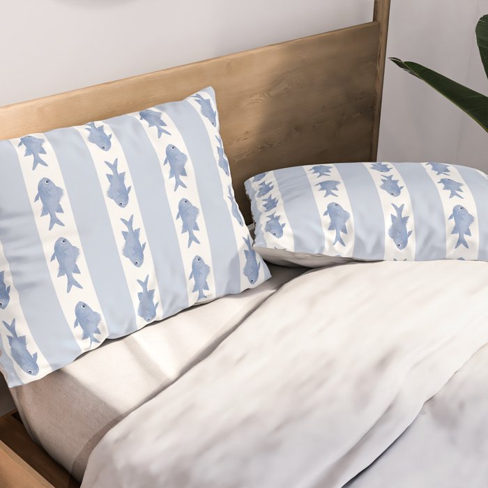 Coastal Fish Stripes Vintage Contemporary Pattern in Light Blue and White Pillow Sham Gallery Image 2