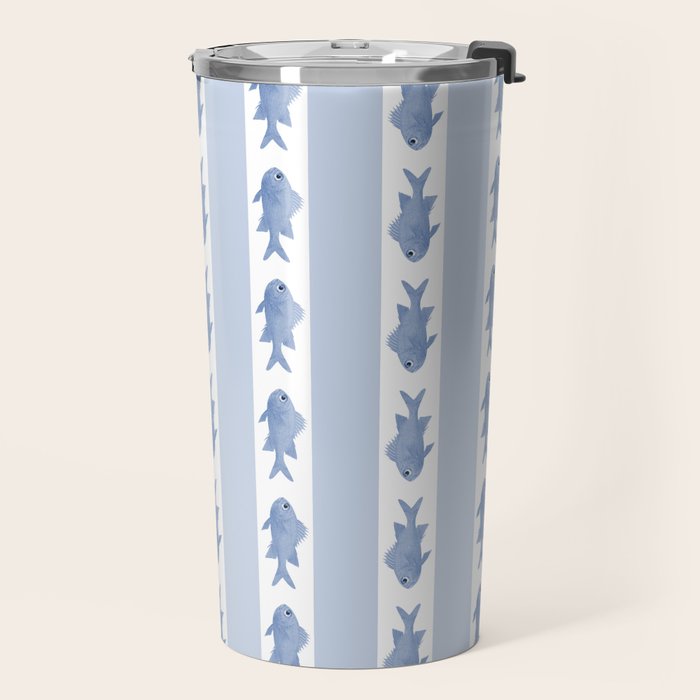 Coastal Fish Stripes Vintage Contemporary Pattern in Light Blue and White Travel Mug Gallery Image 2