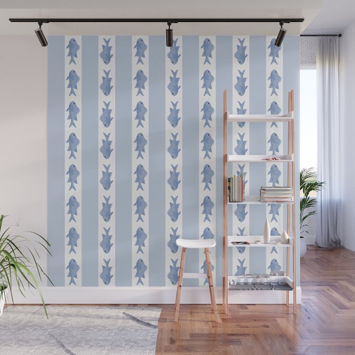Coastal Fish Stripes Vintage Contemporary Pattern in Light Blue and White Wall Mural Gallery Image 1