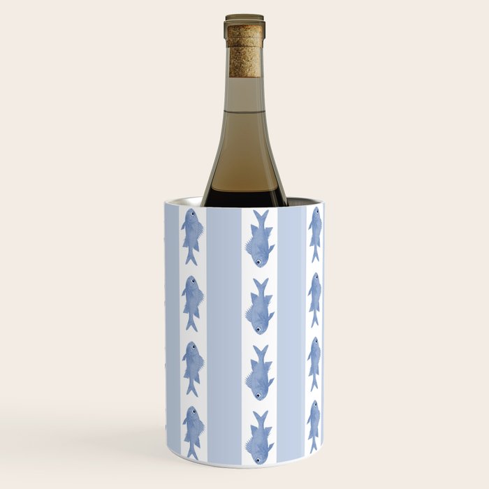 Coastal Fish Stripes Vintage Contemporary Pattern in Light Blue and White Wine Chiller Gallery Image 3