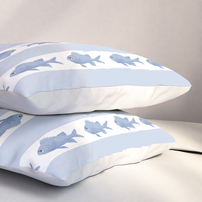 Coastal Fish Stripes Vintage Contemporary Pattern in Light Blue and White Pillow Sham Gallery Image 3