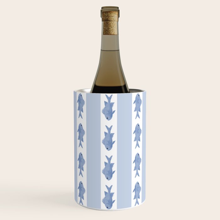 Coastal Fish Stripes Vintage Contemporary Pattern in Light Blue and White Wine Chiller Gallery Image 2