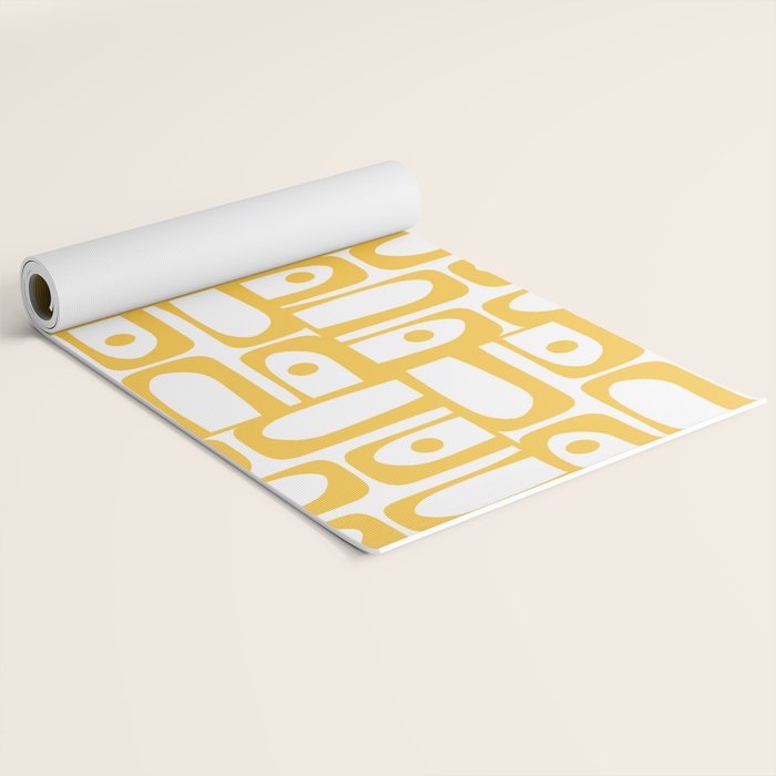 Mid Century Modern Piquet Geometric Multi Pattern in Muted Mustard Yellow and White Yoga Mat Gallery Image 2